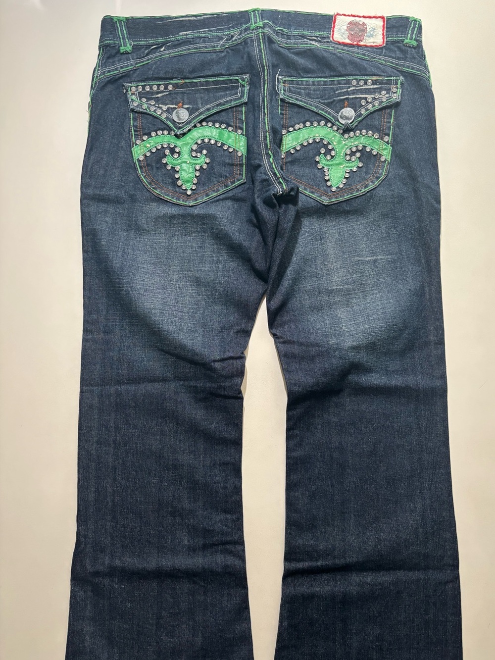 Laguna beach Y2K grunge green stitching jeans with rhinestones, skull buttons